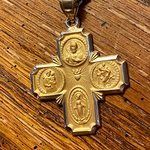 14K Solid Yellow Gold Four Way Holy Cross Religious Medal Necklace Christian Pendant Scapular Charm