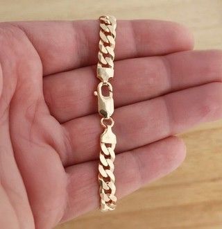 Men's 8.5mm Flat Curb Chain Bracelet - 14k Yellow Gold Plated, Solid Brass, 7 Inch Length