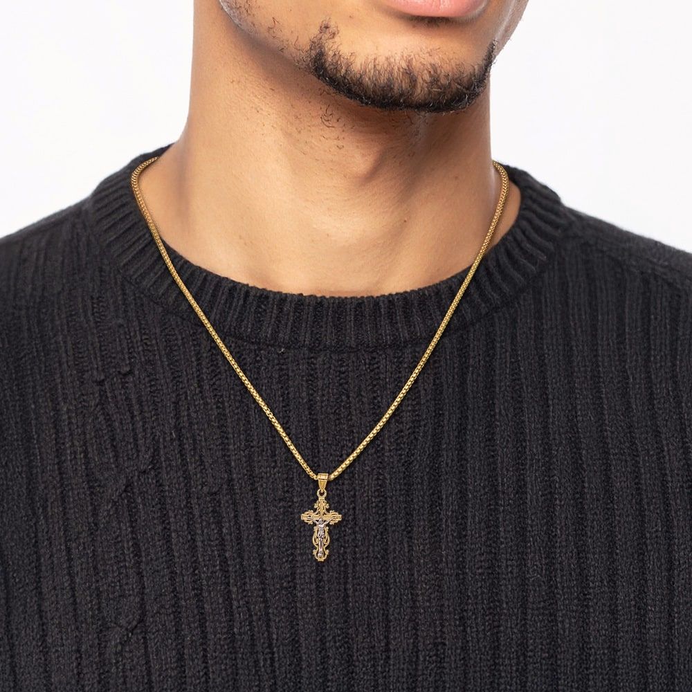 10K Solid Two Tone Gold Cross Jesus Crucifix Necklace - Picture 8 of 17