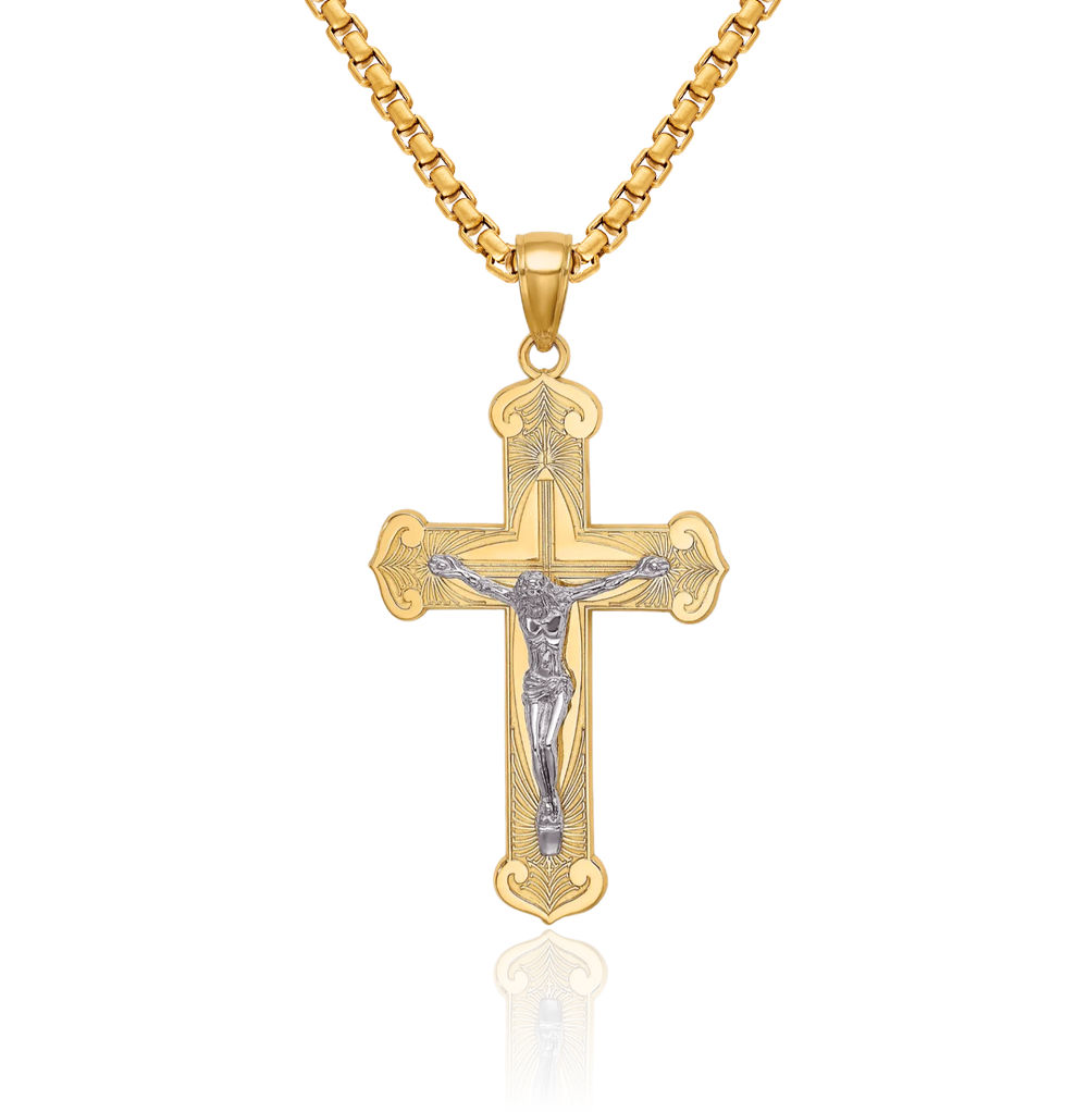 10K Solid Two Tone Gold Jesus Crucifix Cross Necklace - Picture 1 of 16