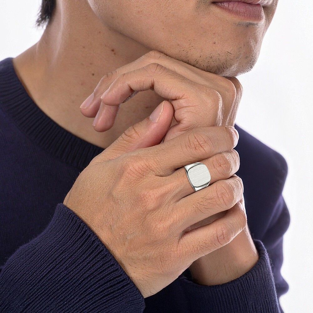 10K Solid White Gold Mens Custom Engraved Signet Ring - Picture 15 of 91