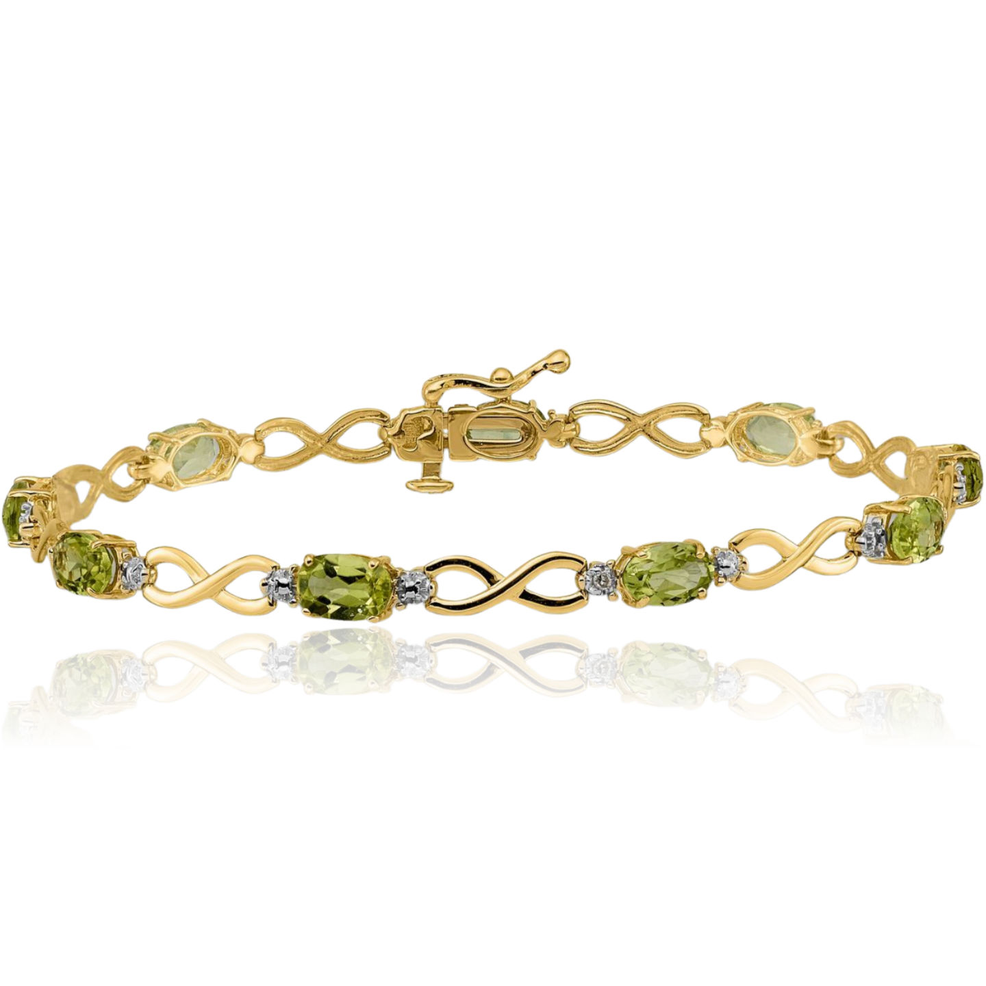 10K Solid Yellow Gold Peridot Diamond Infinity Love Knot Chain Bracelet - Picture 7 of 12