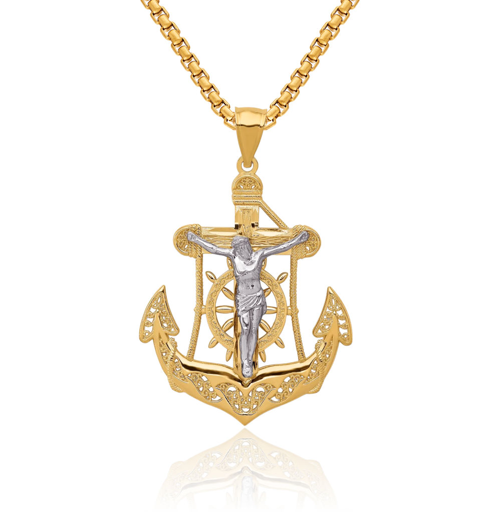 14K Solid Two Tone Gold Anchor Mariner Cross Necklace - Picture 1 of 16