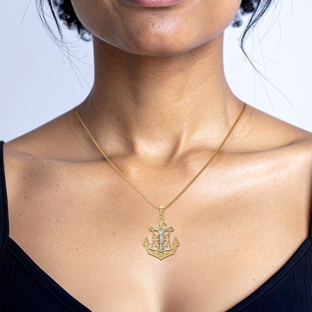 14K Solid Two Tone Gold Anchor Mariner Cross Necklace - Picture 7 of 16