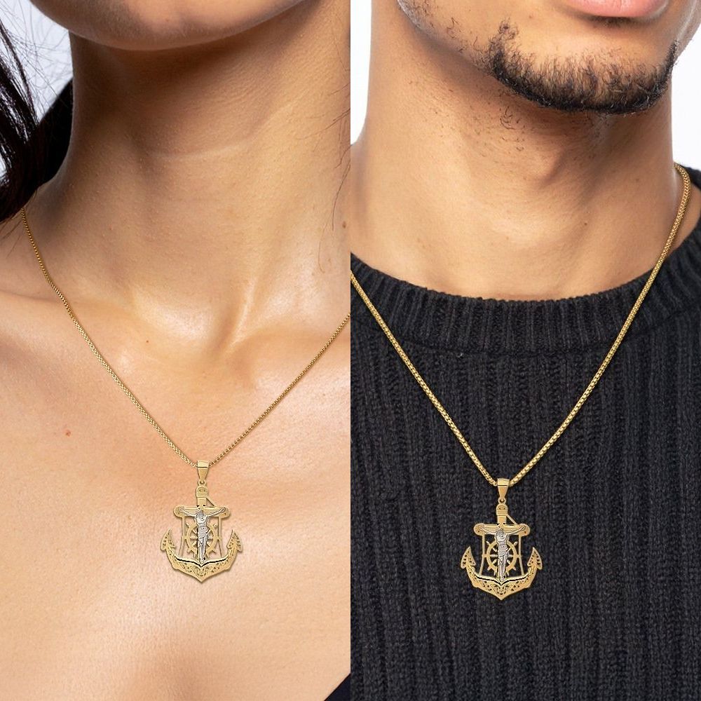 14K Solid Two Tone Gold Anchor Mariner Cross Necklace - Picture 8 of 16