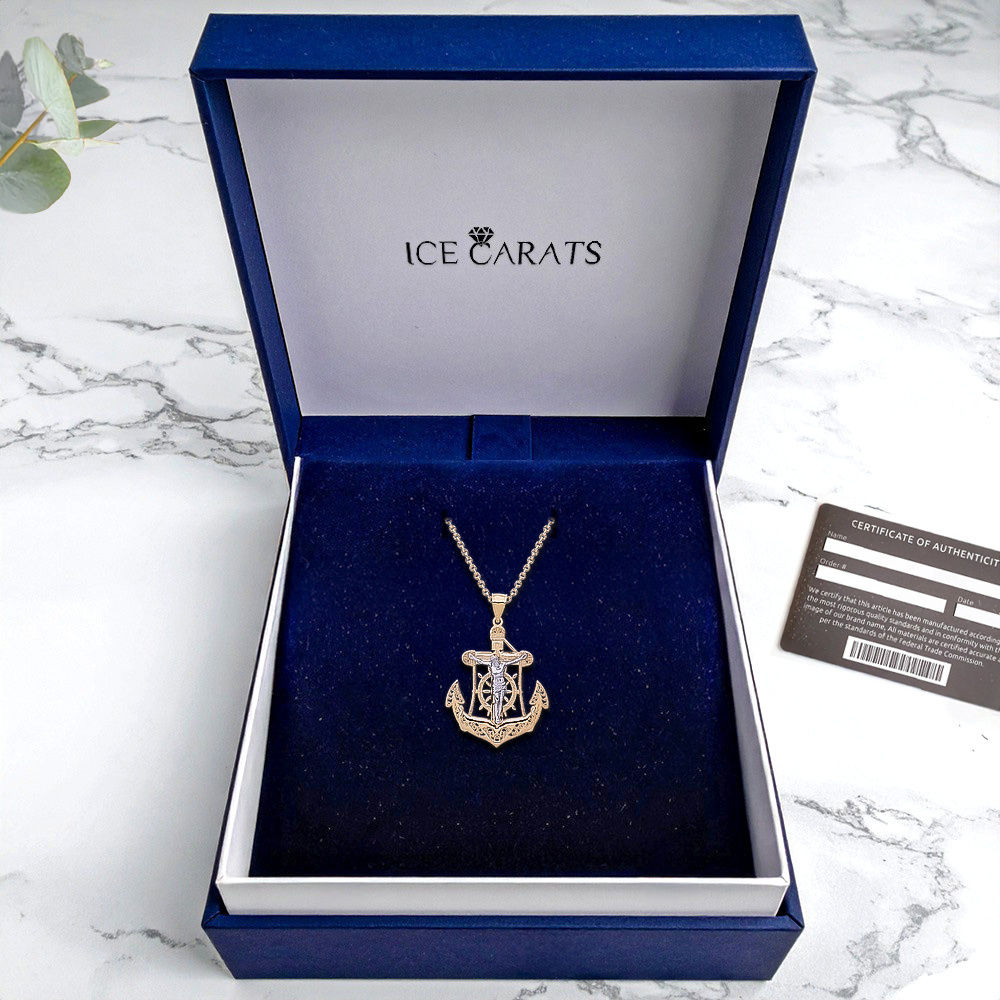 14K Solid Two Tone Gold Anchor Mariner Cross Necklace - Picture 11 of 16