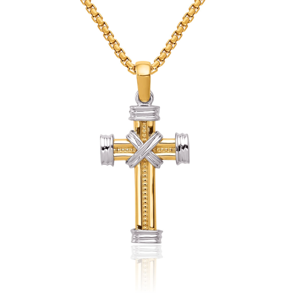 14K Solid Two Tone Gold Cross Necklace - Picture 1 of 16