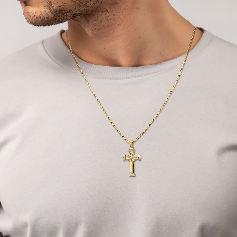 14K Solid Two Tone Gold Cross Necklace - Picture 3 of 16