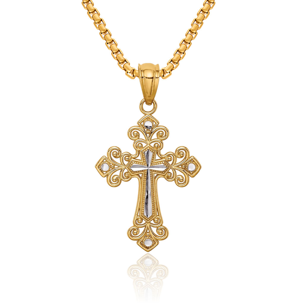 14K Solid Two Tone Gold Cross Necklace - Picture 1 of 14