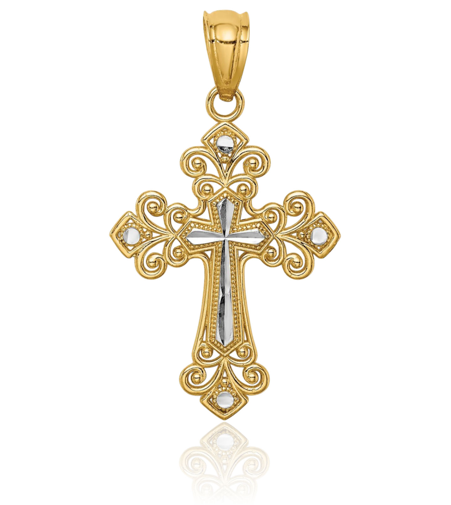 14K Solid Two Tone Gold Cross Necklace - Picture 11 of 14