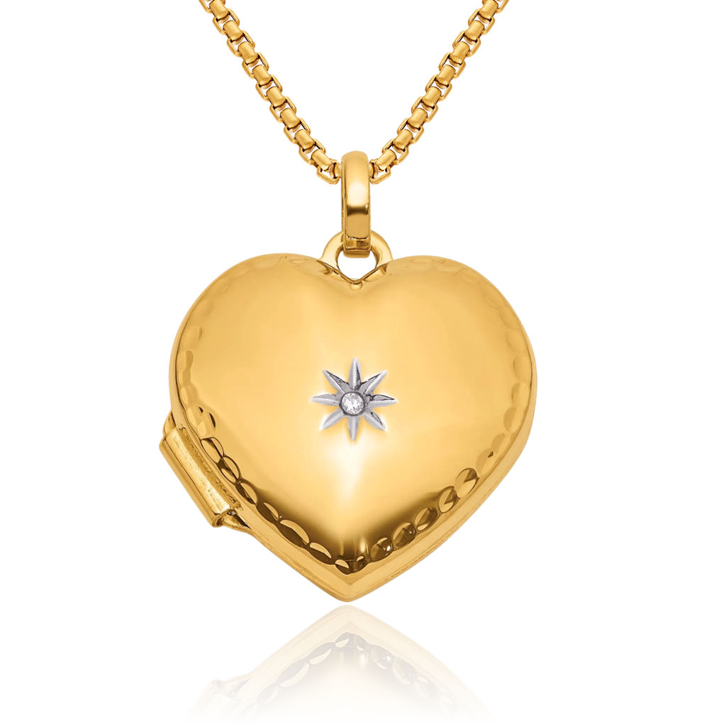 14K Solid Two Tone Gold Diamond Heart Photo Locket Necklace - Picture 1 of 14