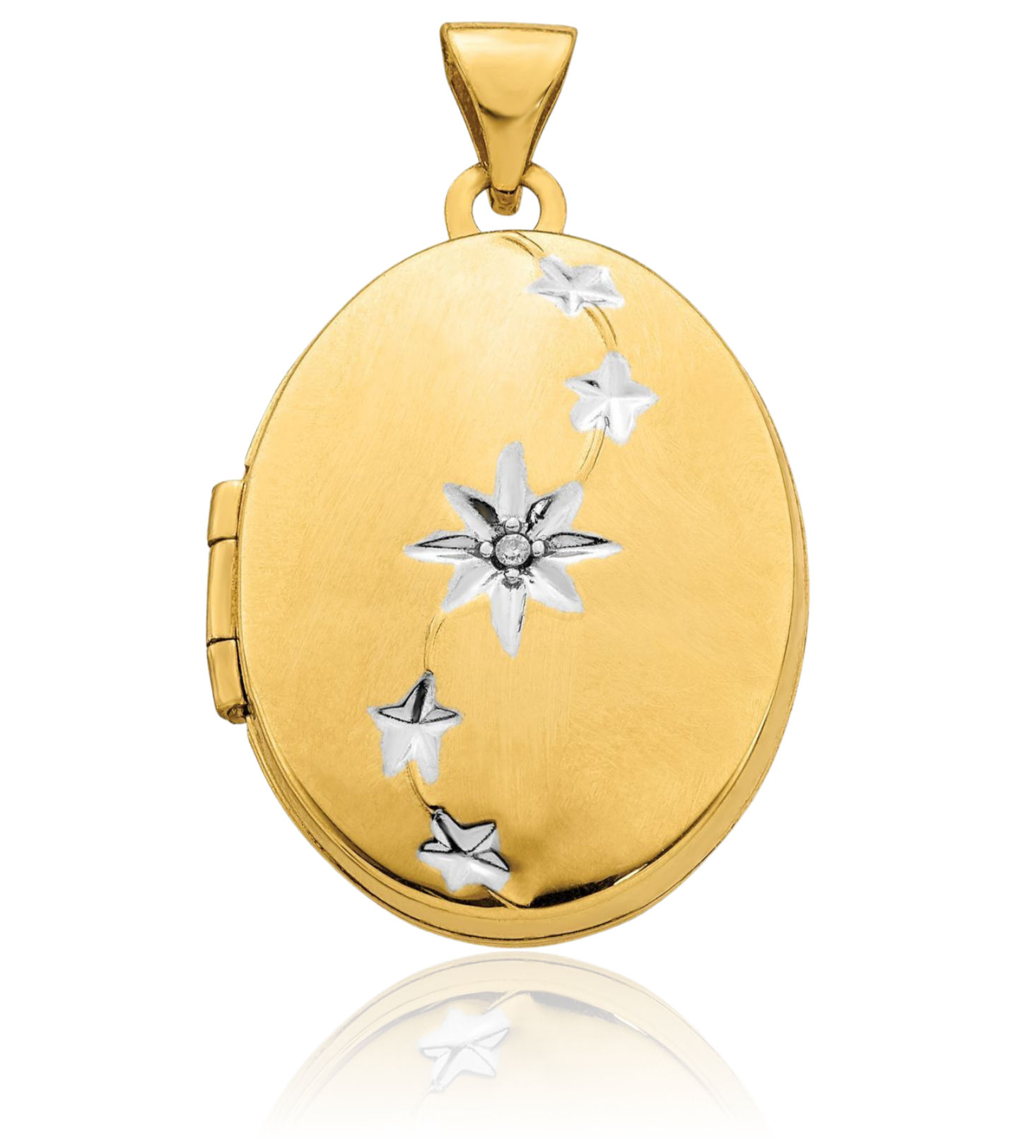 14K Solid Two Tone Gold Diamond Stars Oval Photo Locket Necklace - Picture 8 of 12