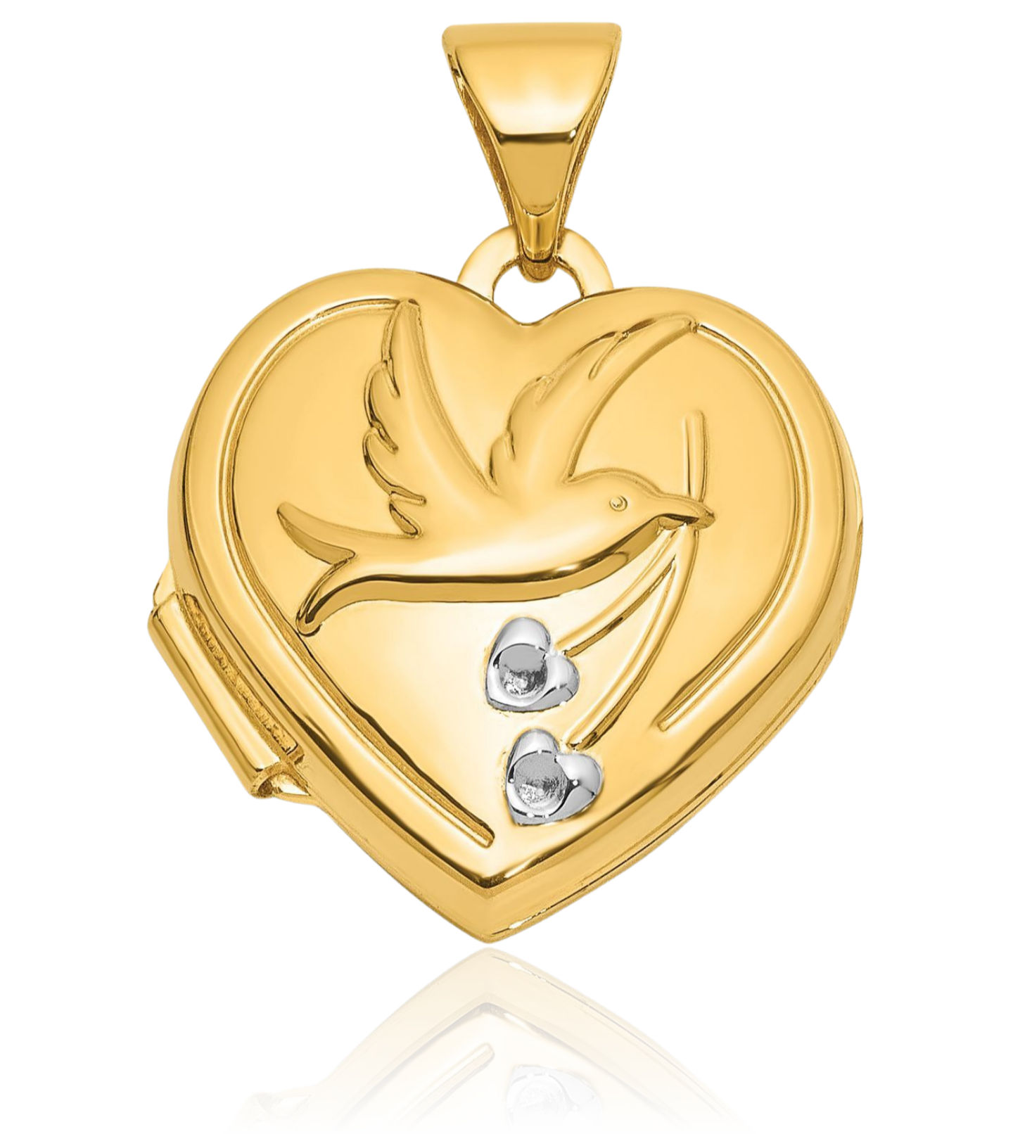 14K Solid Two Tone Gold Dove Together Forever Reversible Heart Photo Locket ... - Picture 9 of 14
