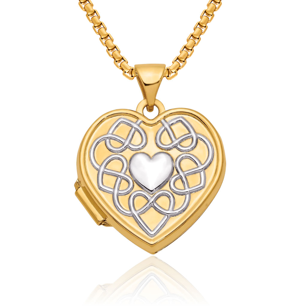 14K Solid Two Tone Gold Heart Photo Locket Necklace - Picture 1 of 14