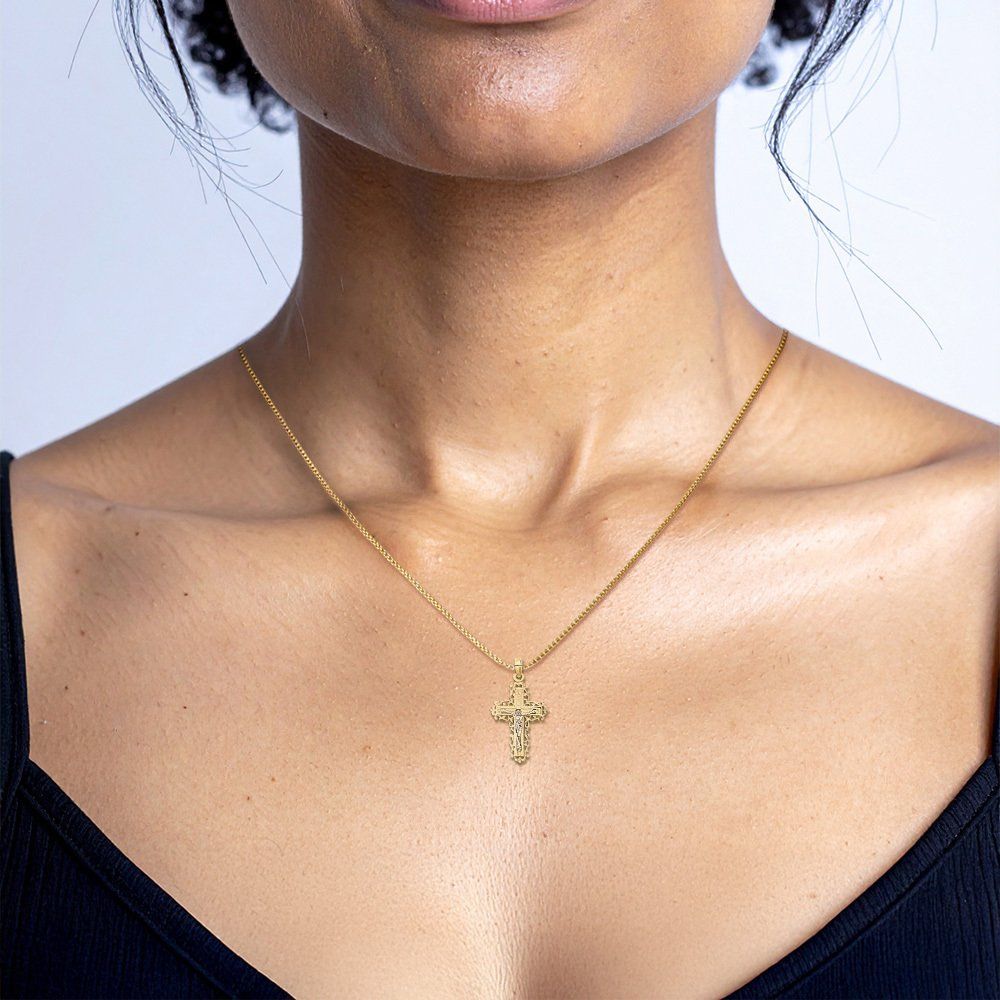 14K Solid Two Tone Gold Jesus Crucifix Cross Necklace - Picture 8 of 12