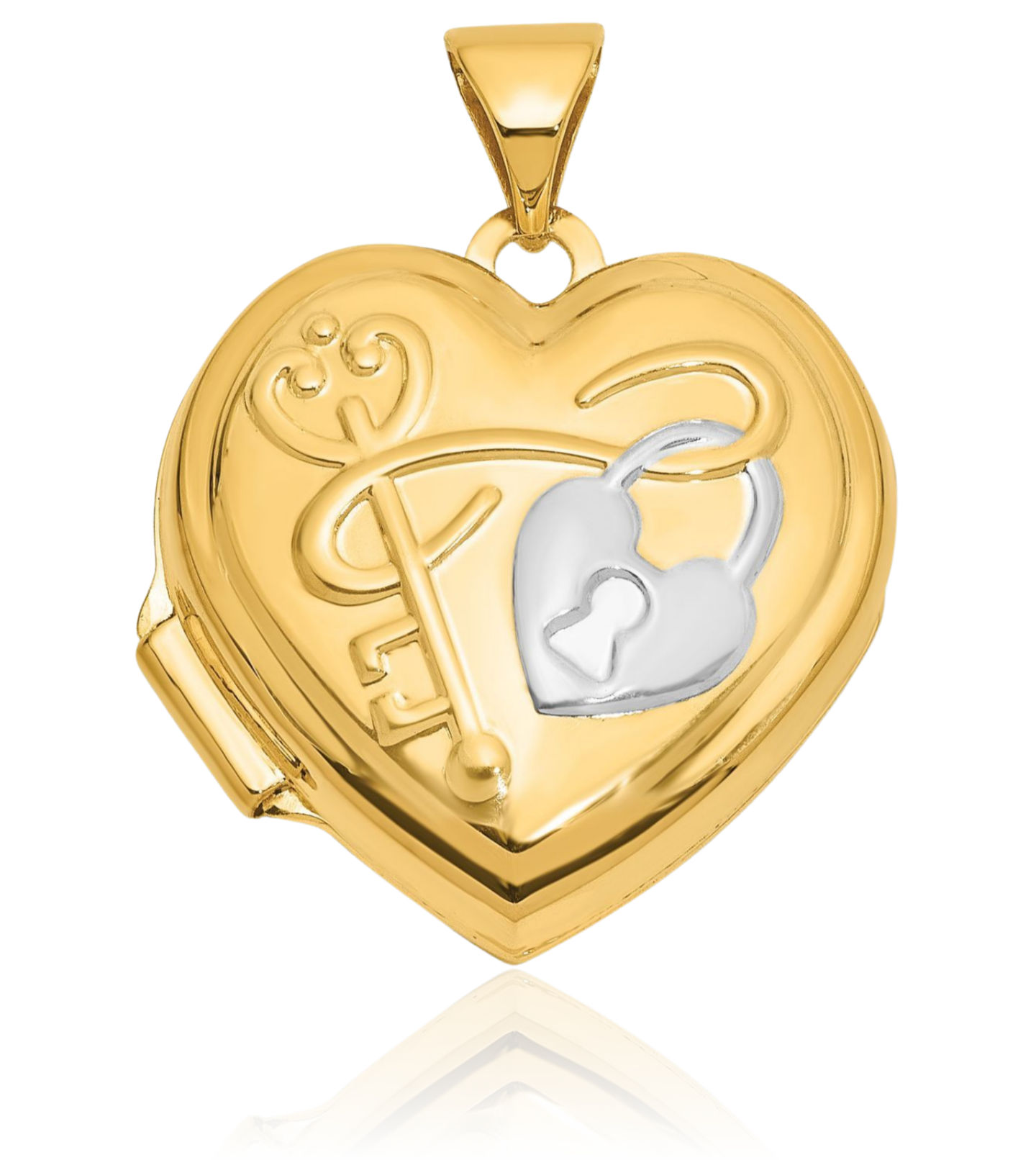 14K Solid Two Tone Gold Key My Heart Reversible Photo Locket Necklace - Picture 9 of 14