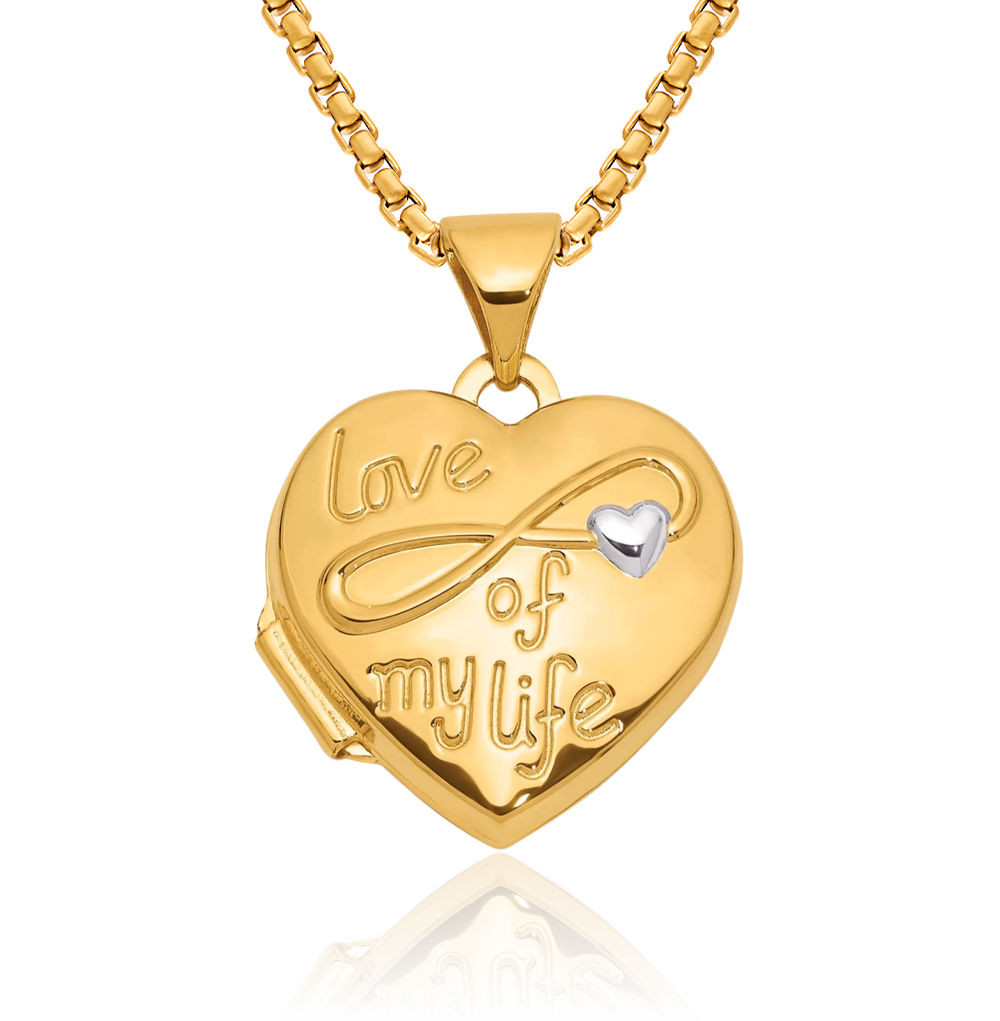 14K Solid Two Tone Gold Love of My Life Heart Photo Locket Necklace - Picture 1 of 14