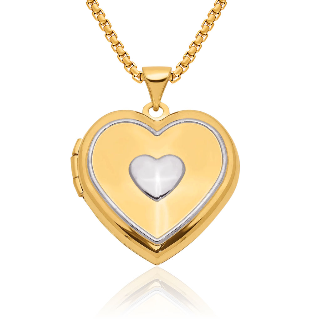 14K Solid Two Tone Gold Rose Pink White Heart Key Photo Locket Necklace - Picture 1 of 14