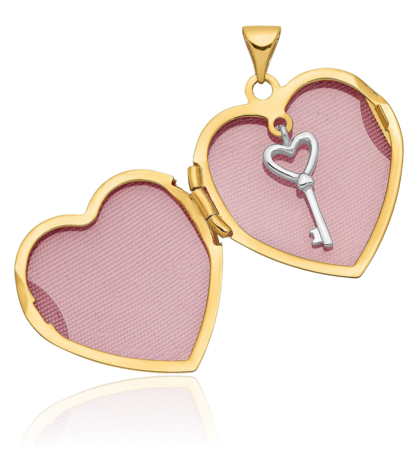 14K Solid Two Tone Gold Rose Pink White Heart Key Photo Locket Necklace - Picture 7 of 14