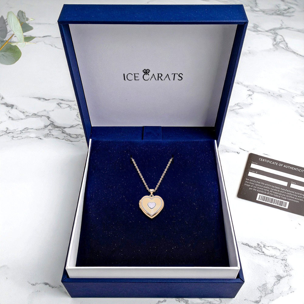 14K Solid Two Tone Gold Rose Pink White Heart Key Photo Locket Necklace - Picture 6 of 14