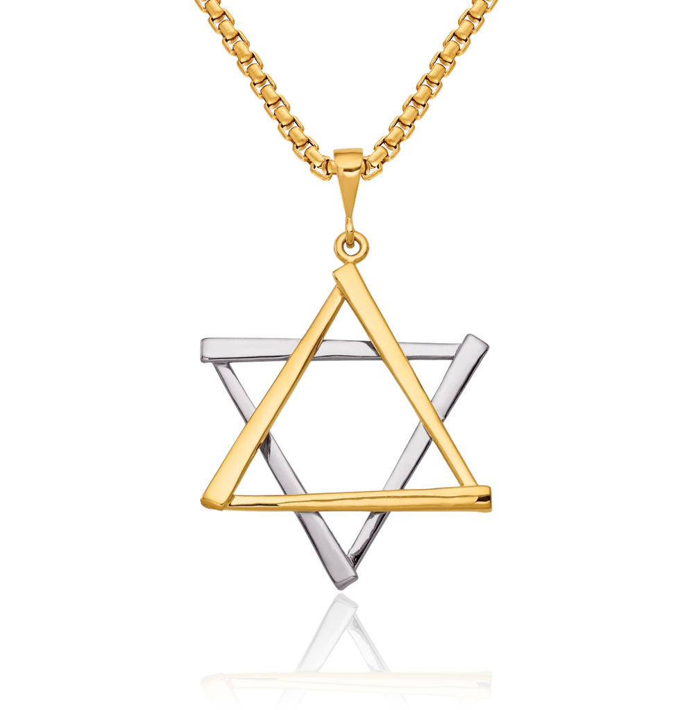 14K Solid Two Tone Gold Star of David Necklace - Picture 1 of 16
