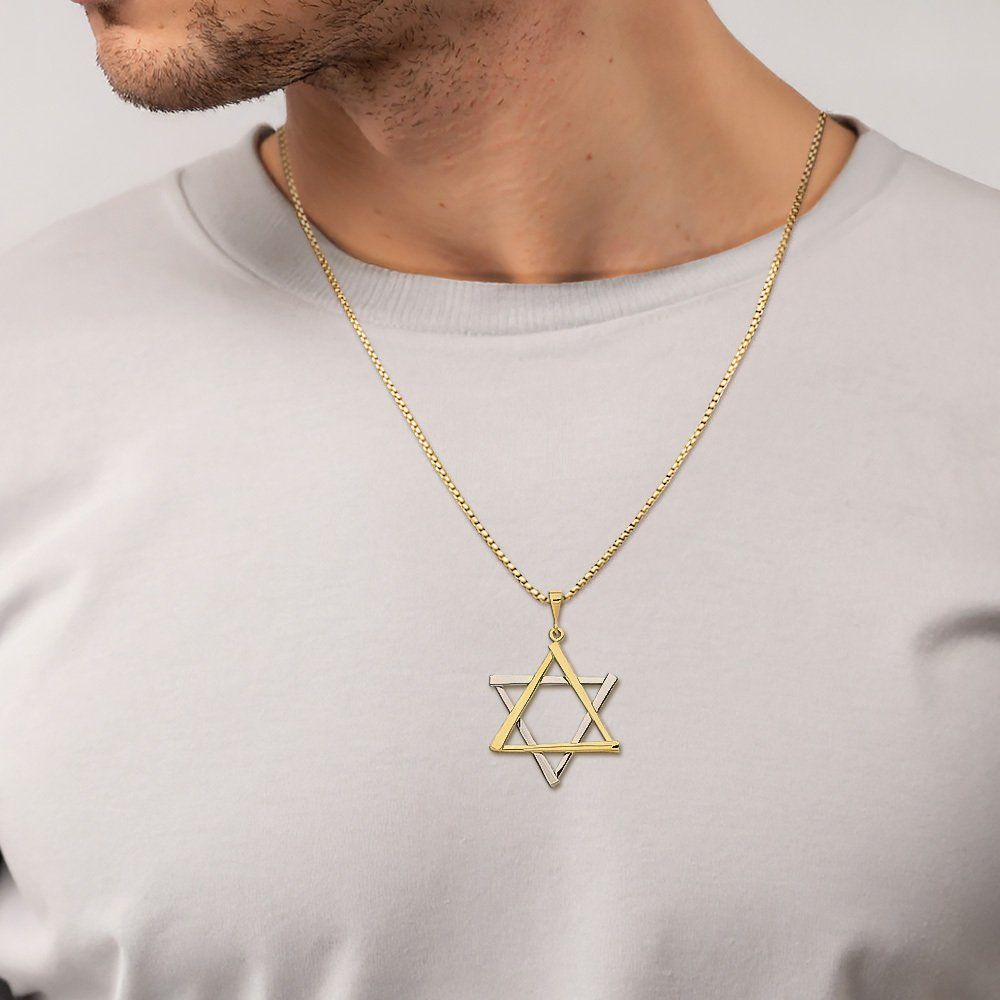 14K Solid Two Tone Gold Star of David Necklace - Picture 3 of 16