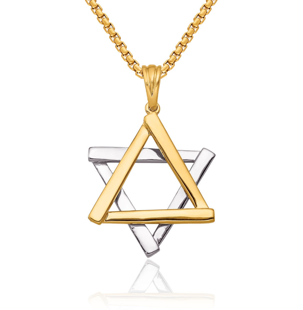 14K Solid Two Tone Gold Star of David Necklace - Picture 1 of 16