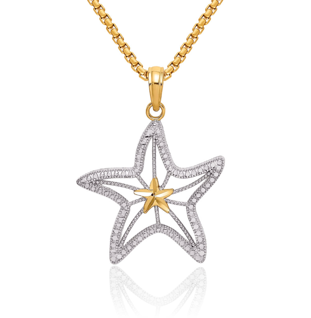 14K Solid Two Tone Gold Starfish Star Necklace - Picture 1 of 13