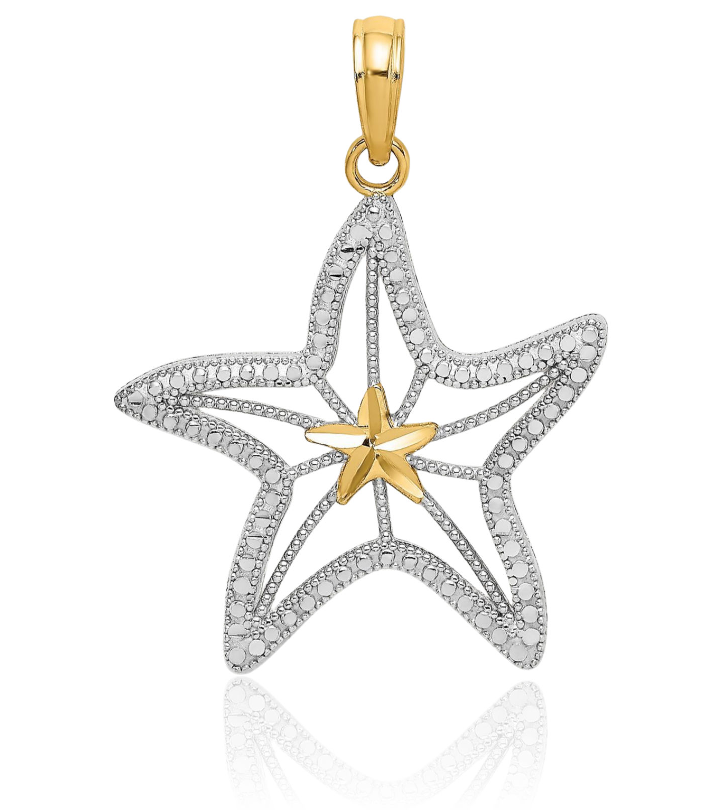 14K Solid Two Tone Gold Starfish Star Necklace - Picture 7 of 13