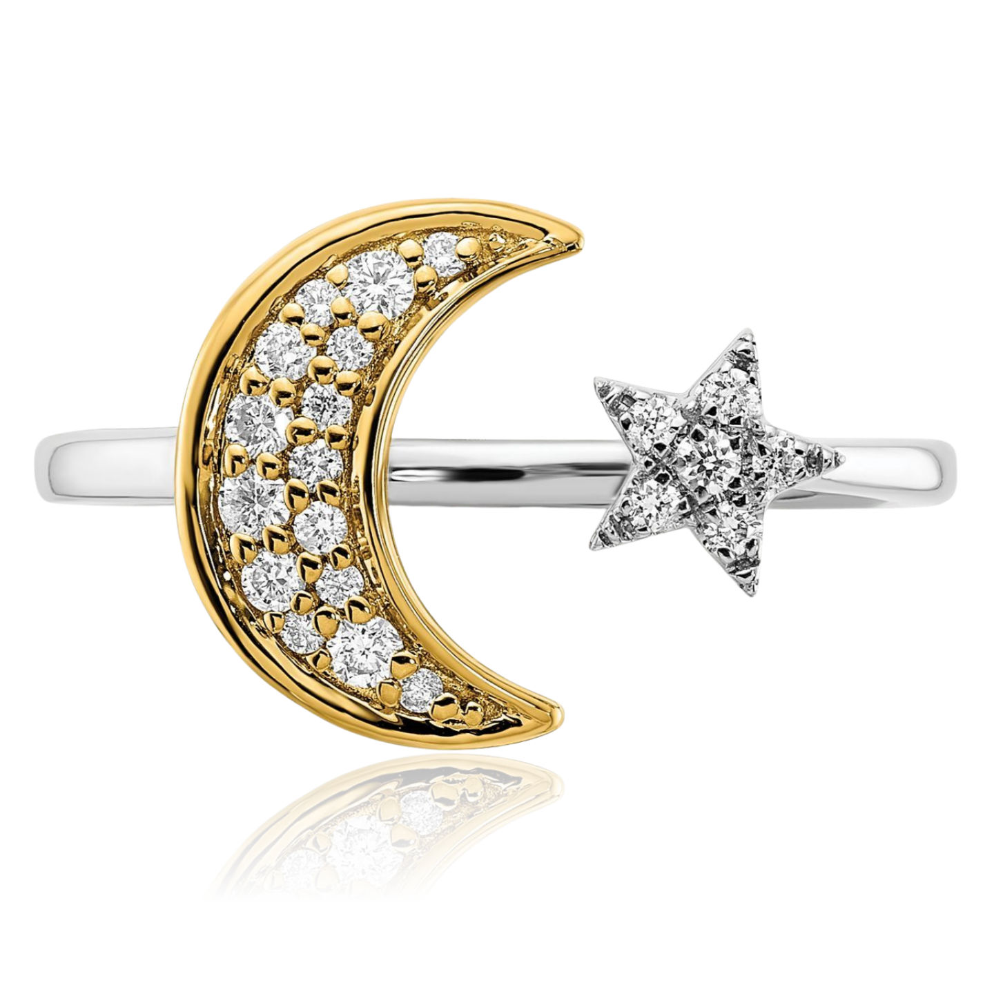 14K Solid Two Tone Gold Yellow Diamond Moon Star Ring - Picture 7 of 10
