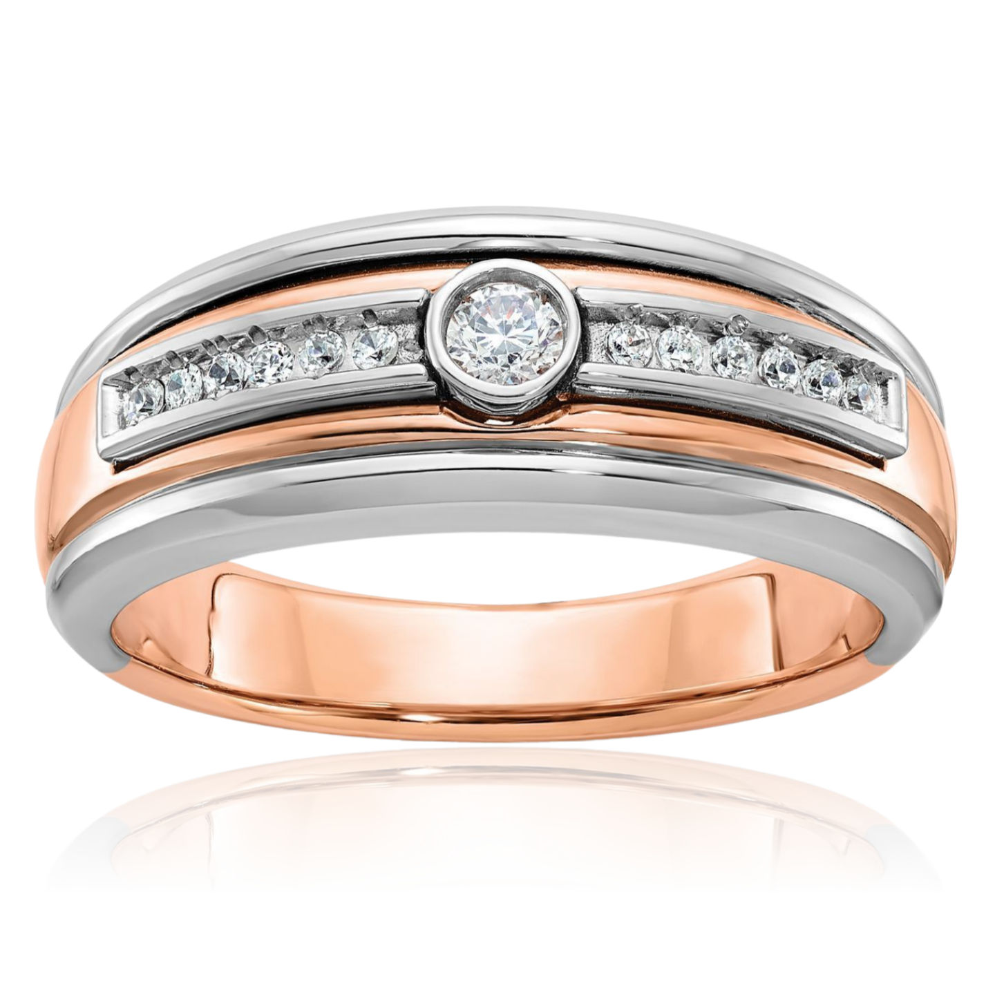 14K Solid Two Tone White Rose Gold Mens Diamond Ring - Picture 4 of 19