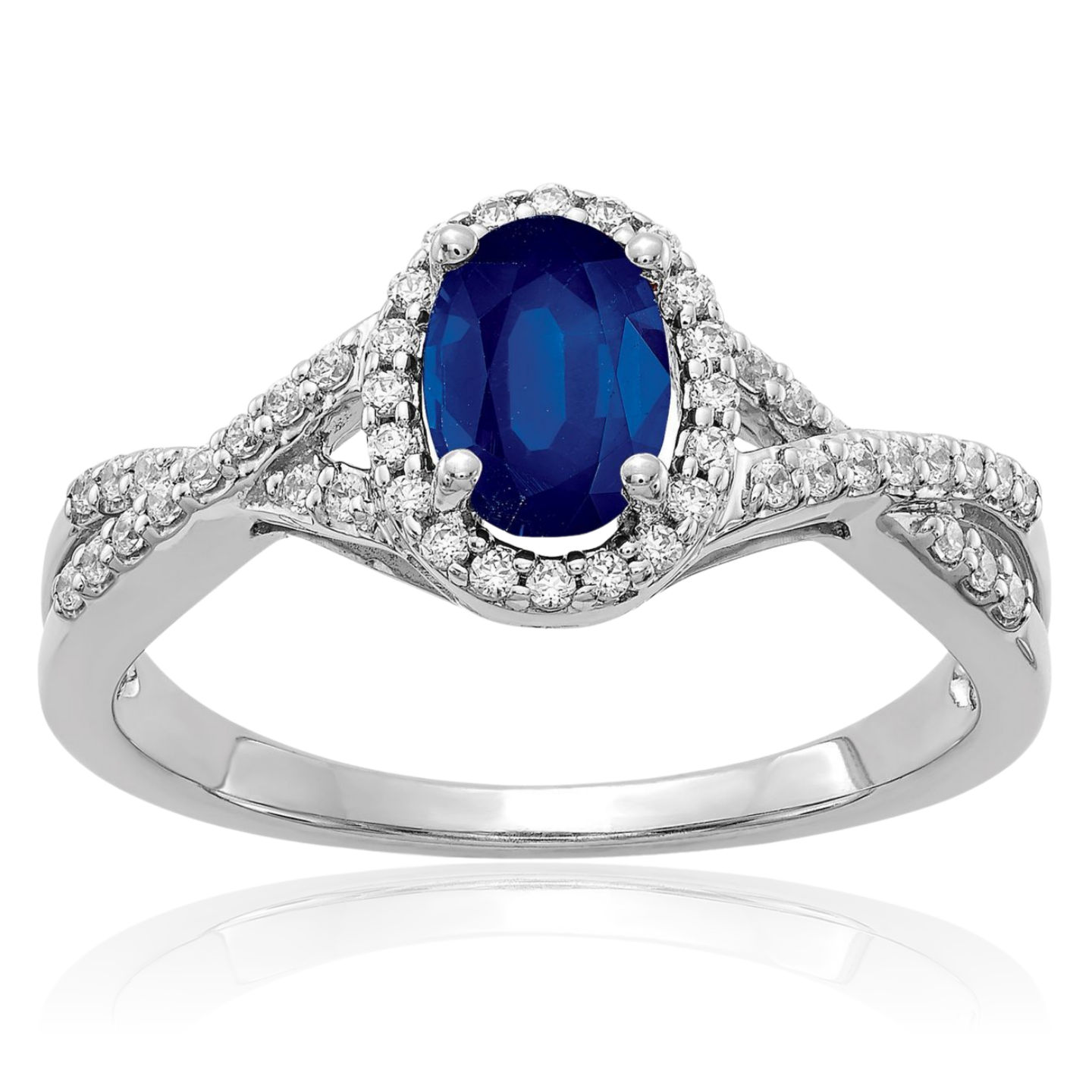 14K Solid White Gold Diamond Blue Sapphire Oval Halo Ring - Picture 22 of 70