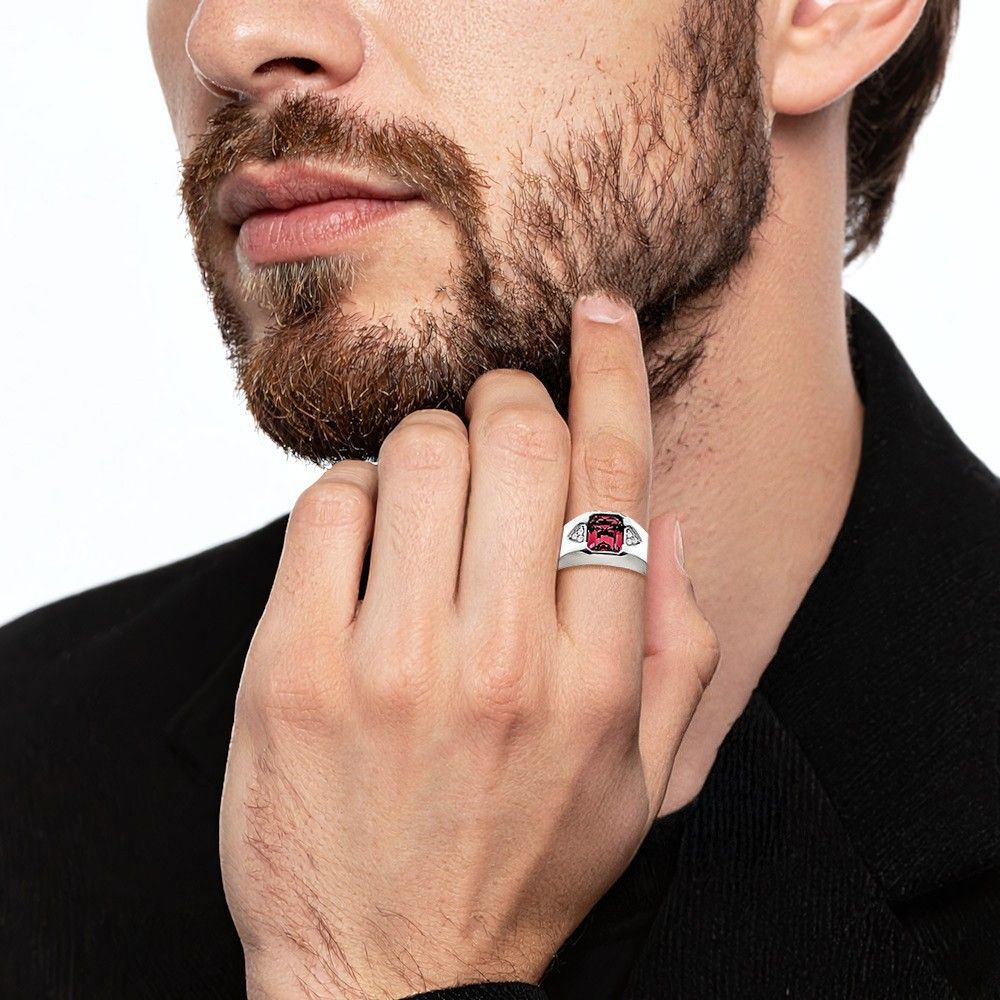 14K Solid White Gold Emerald-Cut Lab Ruby Diamond Mens Ring - Picture 18 of 80