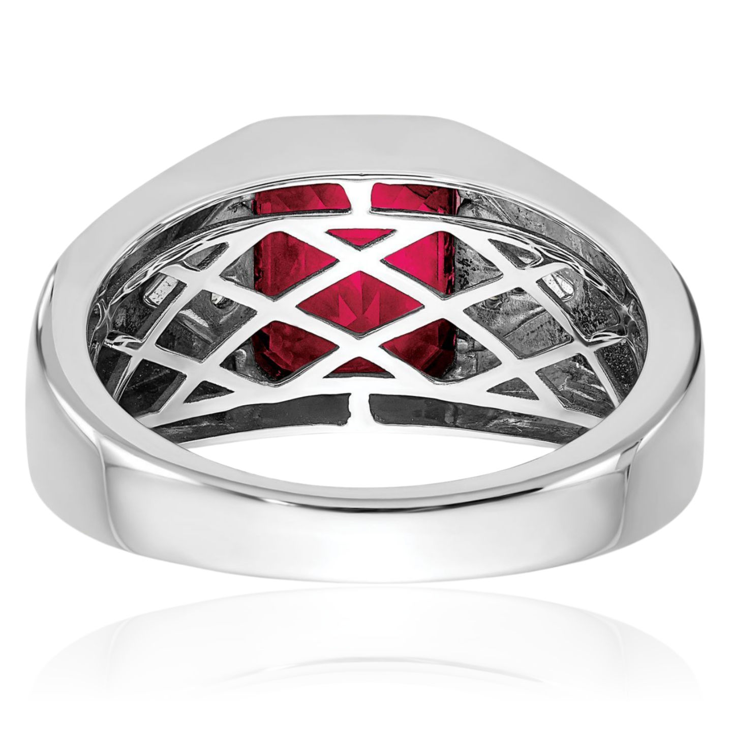 14K Solid White Gold Emerald-Cut Lab Ruby Diamond Mens Ring - Picture 23 of 80