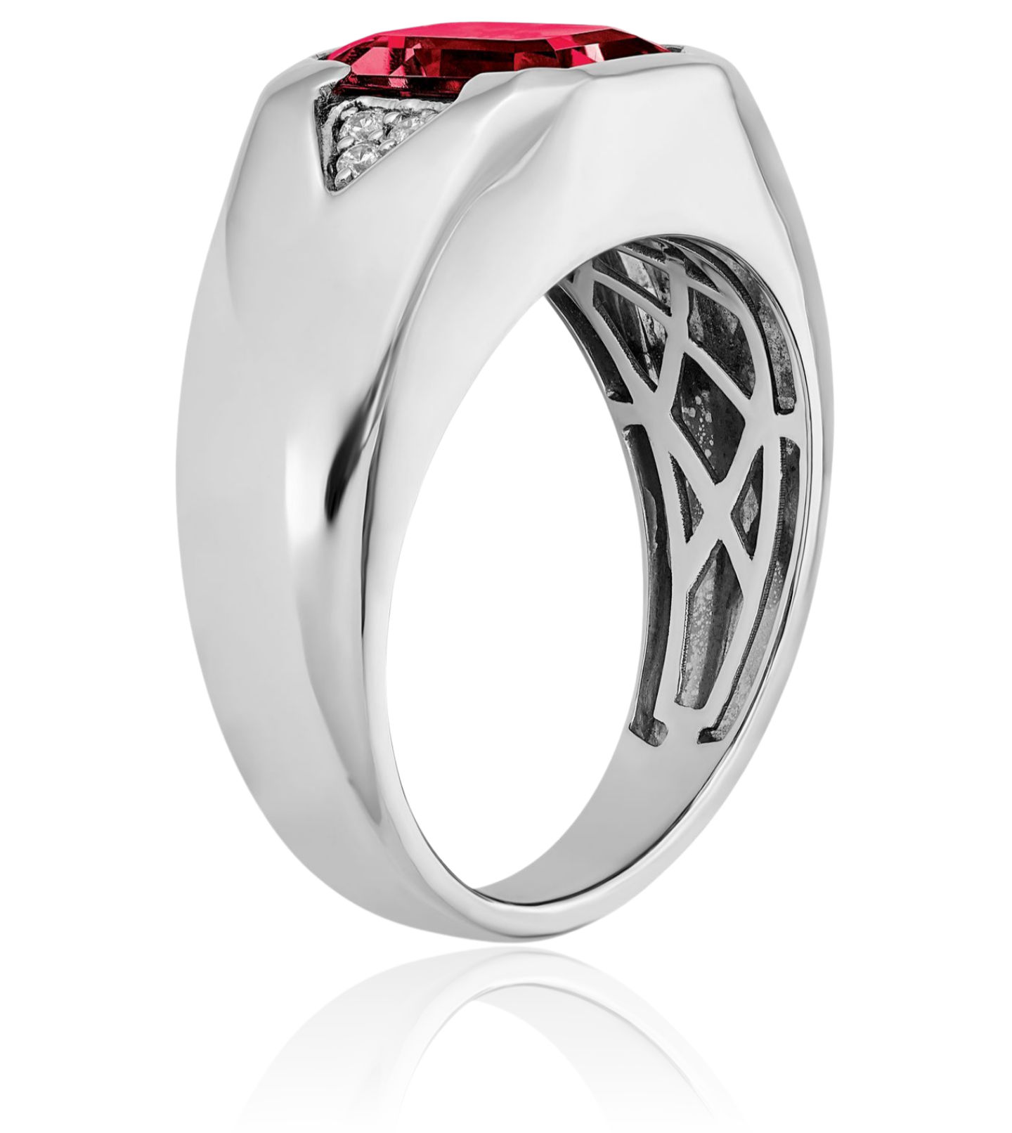 14K Solid White Gold Emerald-Cut Lab Ruby Diamond Mens Ring - Picture 24 of 80