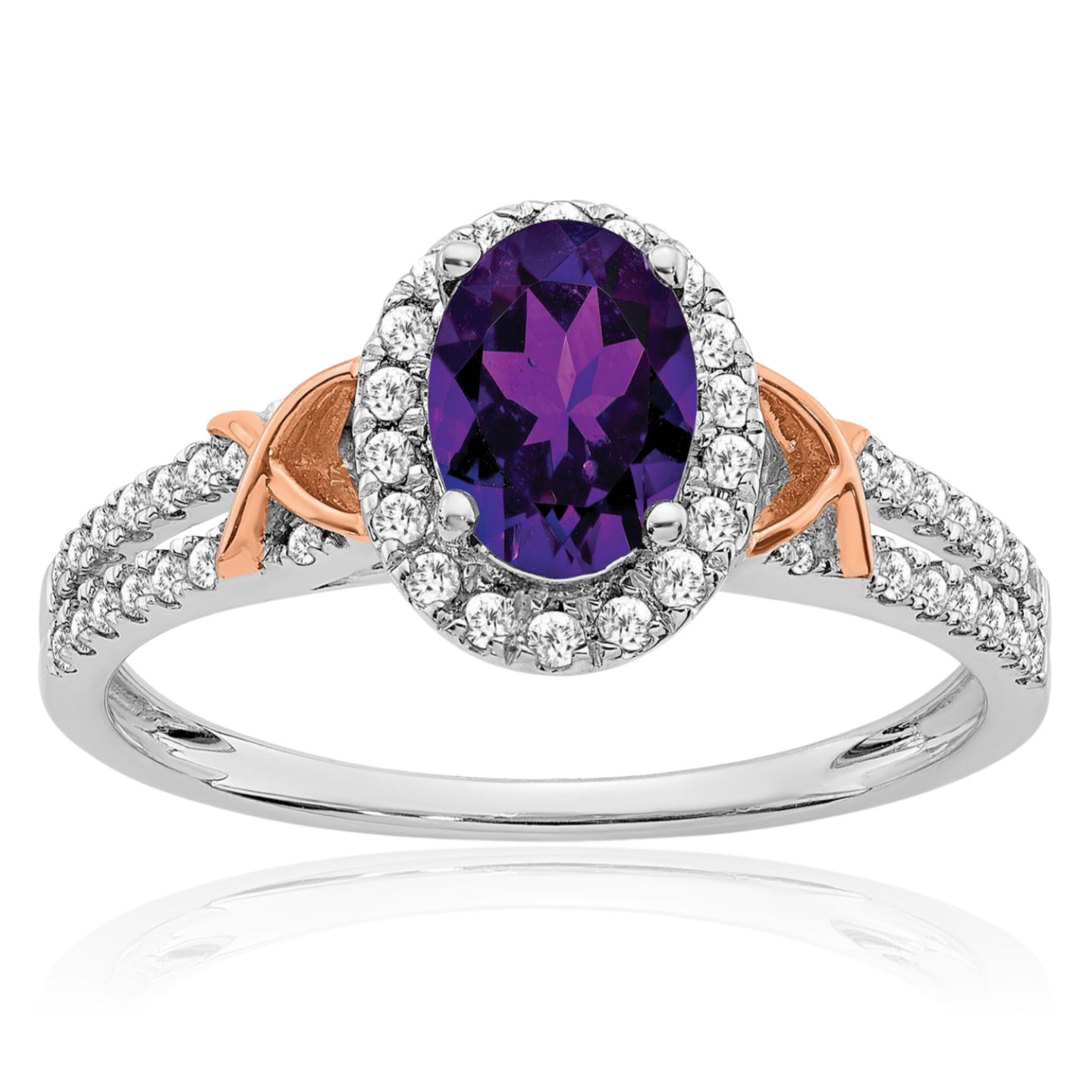14K Solid White Gold Rose Pink Amethyst Diamond Halo Ring - Picture 2 of 10