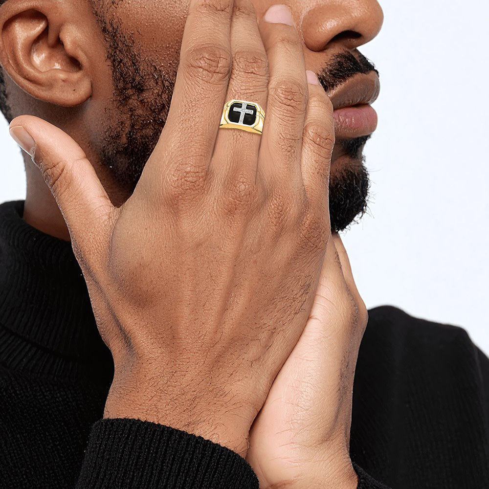 Anillo cruzado de diamantes de ónix de oro amarillo macizo de 14K para hombre - Imagen 3 de 98