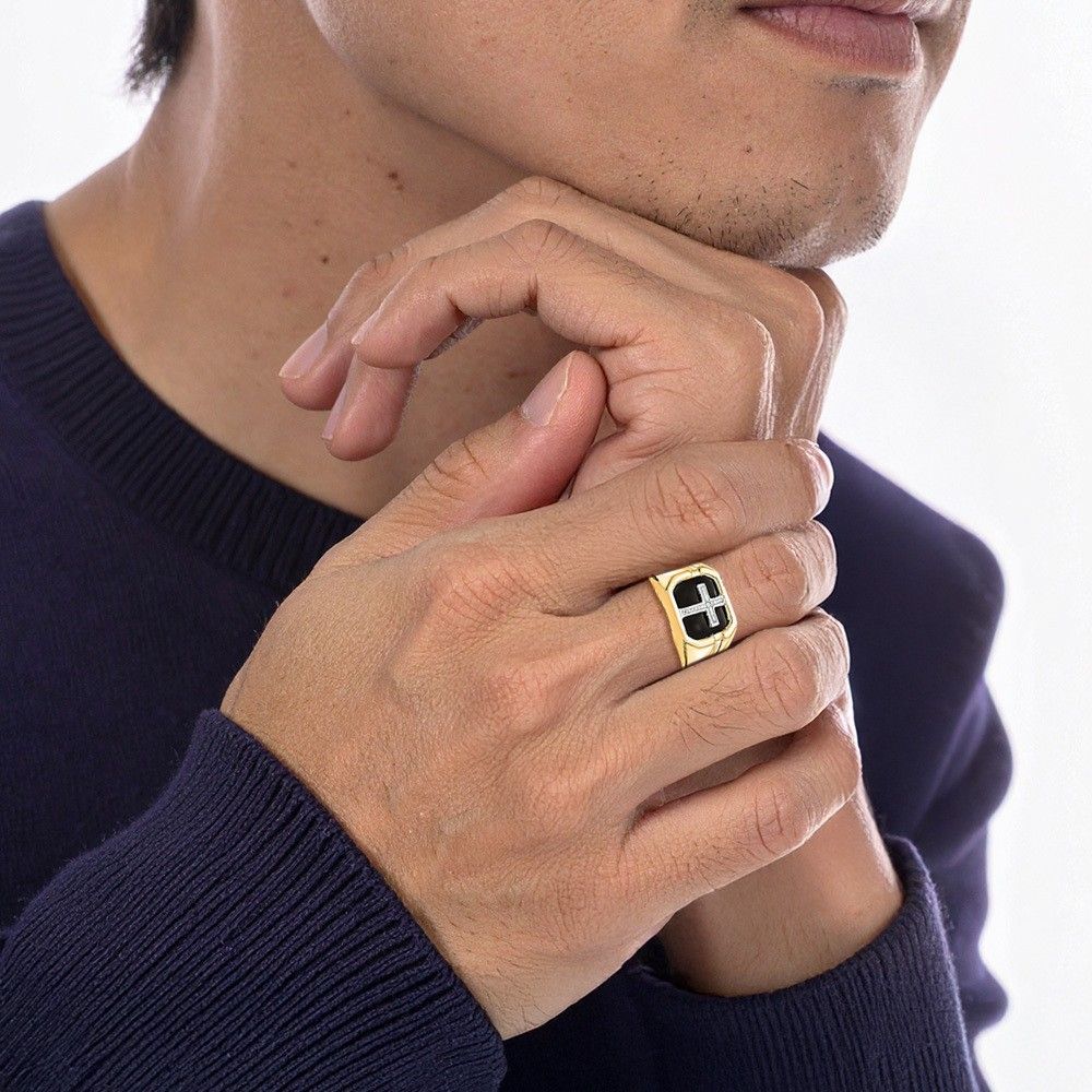 Anillo cruzado de diamantes de ónix de oro amarillo macizo de 14K para hombre - Imagen 5 de 98