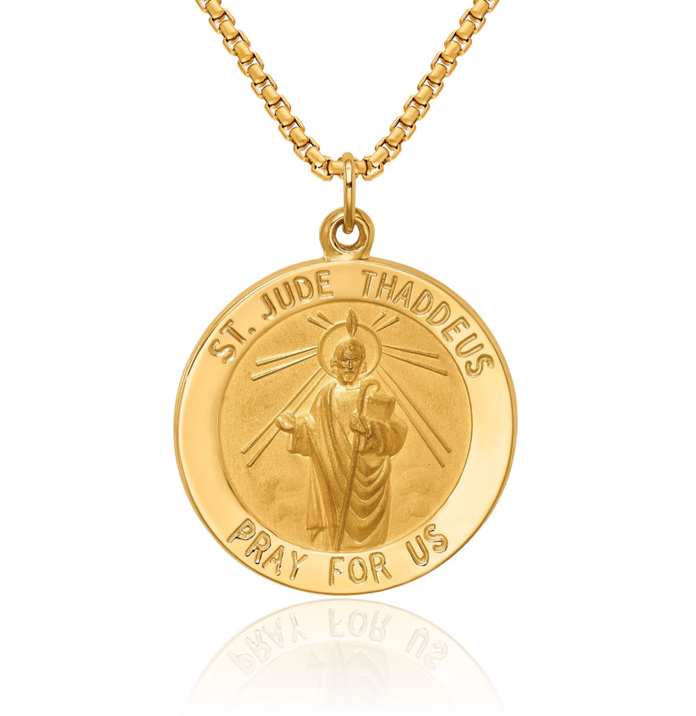 14K Solid Yellow Gold Medium Round San Judas Tadeo St Jude Patron Saint ...