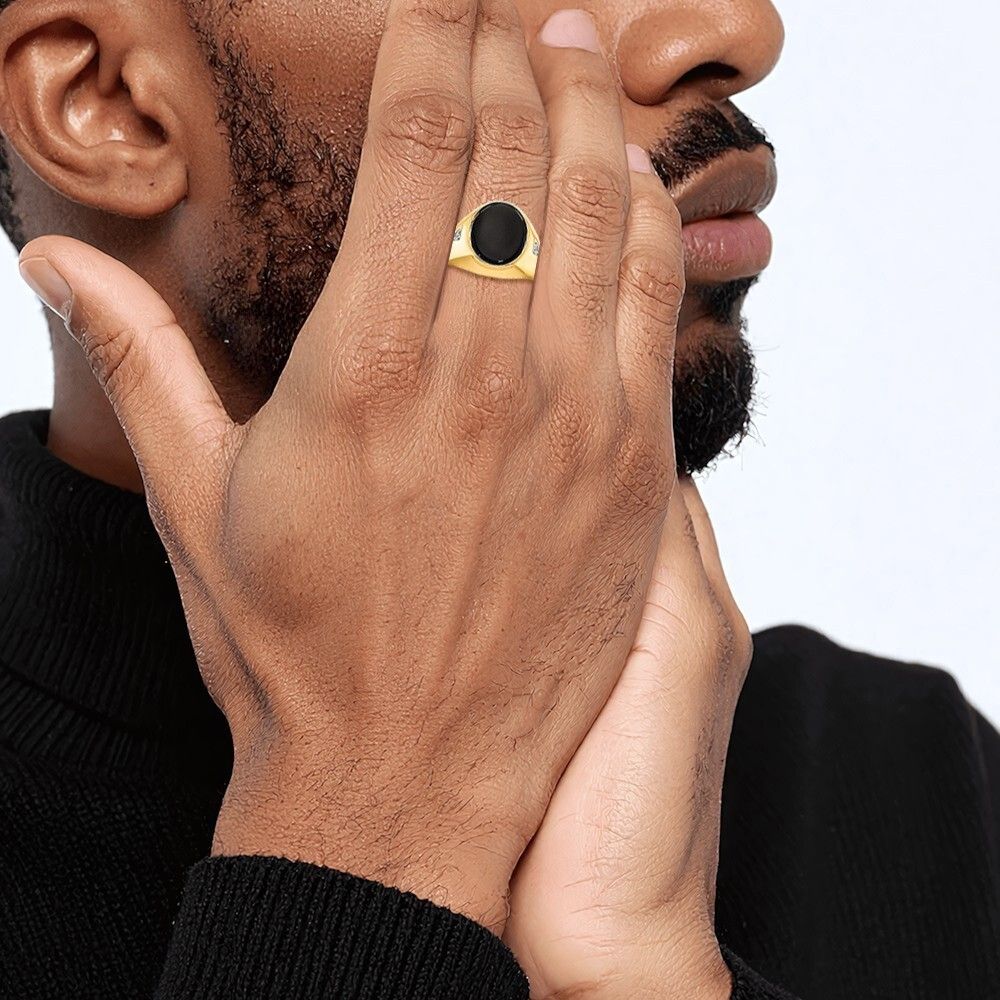 14K Solid Yellow Gold Mens Oval Onyx Diamond Statement Ring - Picture 14 of 90