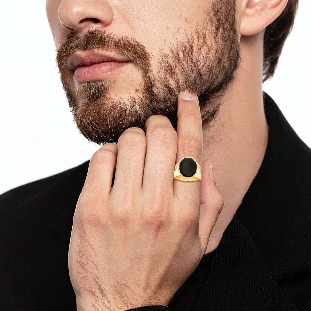 14K Solid Yellow Gold Mens Oval Onyx Diamond Statement Ring - Picture 15 of 90