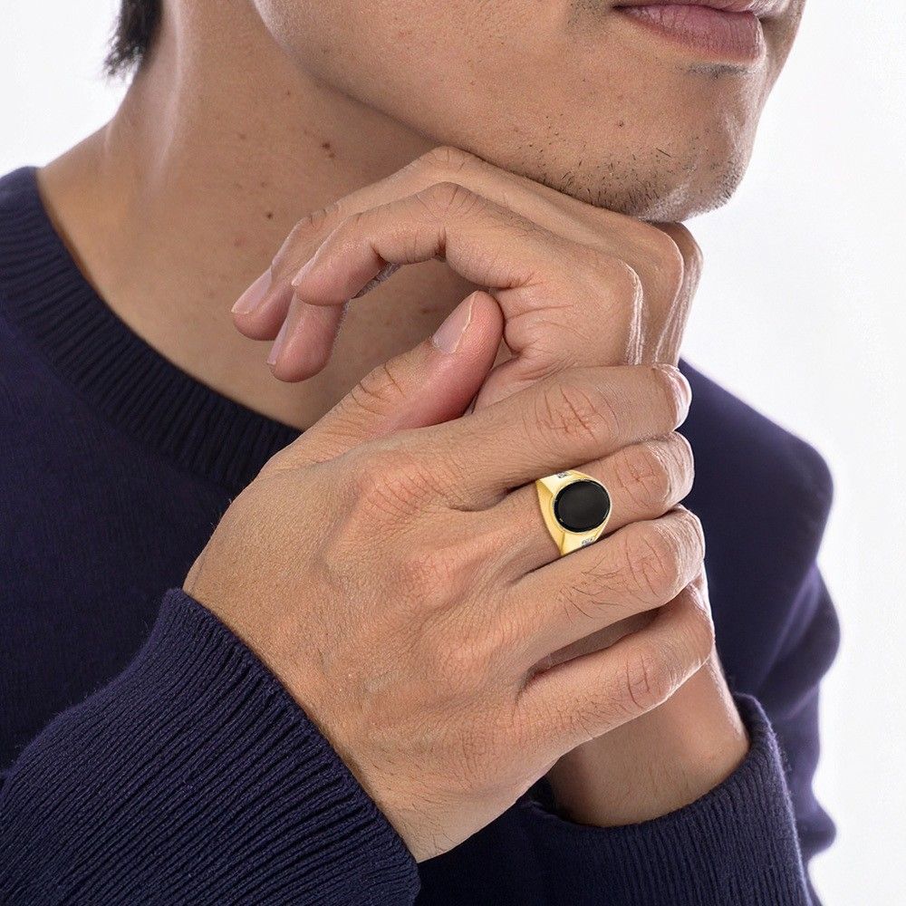 14K Solid Yellow Gold Mens Oval Onyx Diamond Statement Ring - Picture 16 of 90