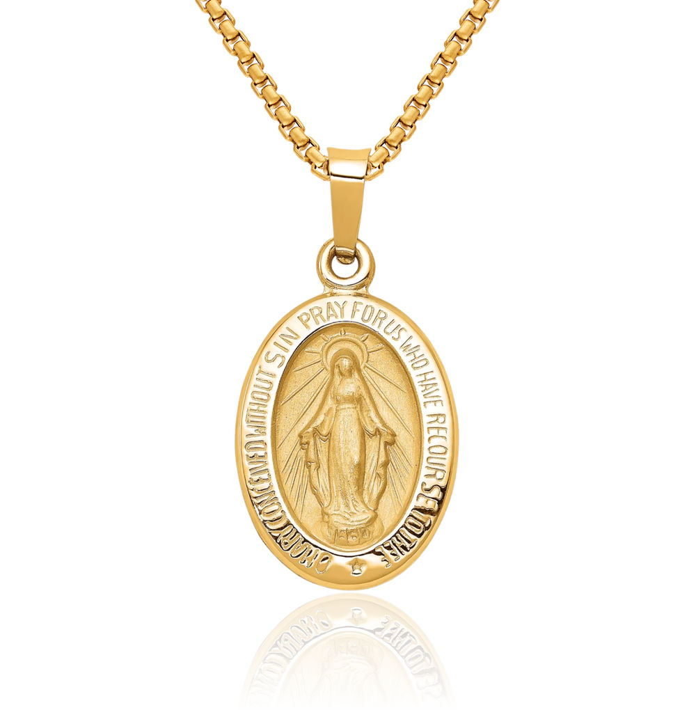 14K Solid Yellow Gold Our Lady of Miraculous Medal Pendant Necklace ...