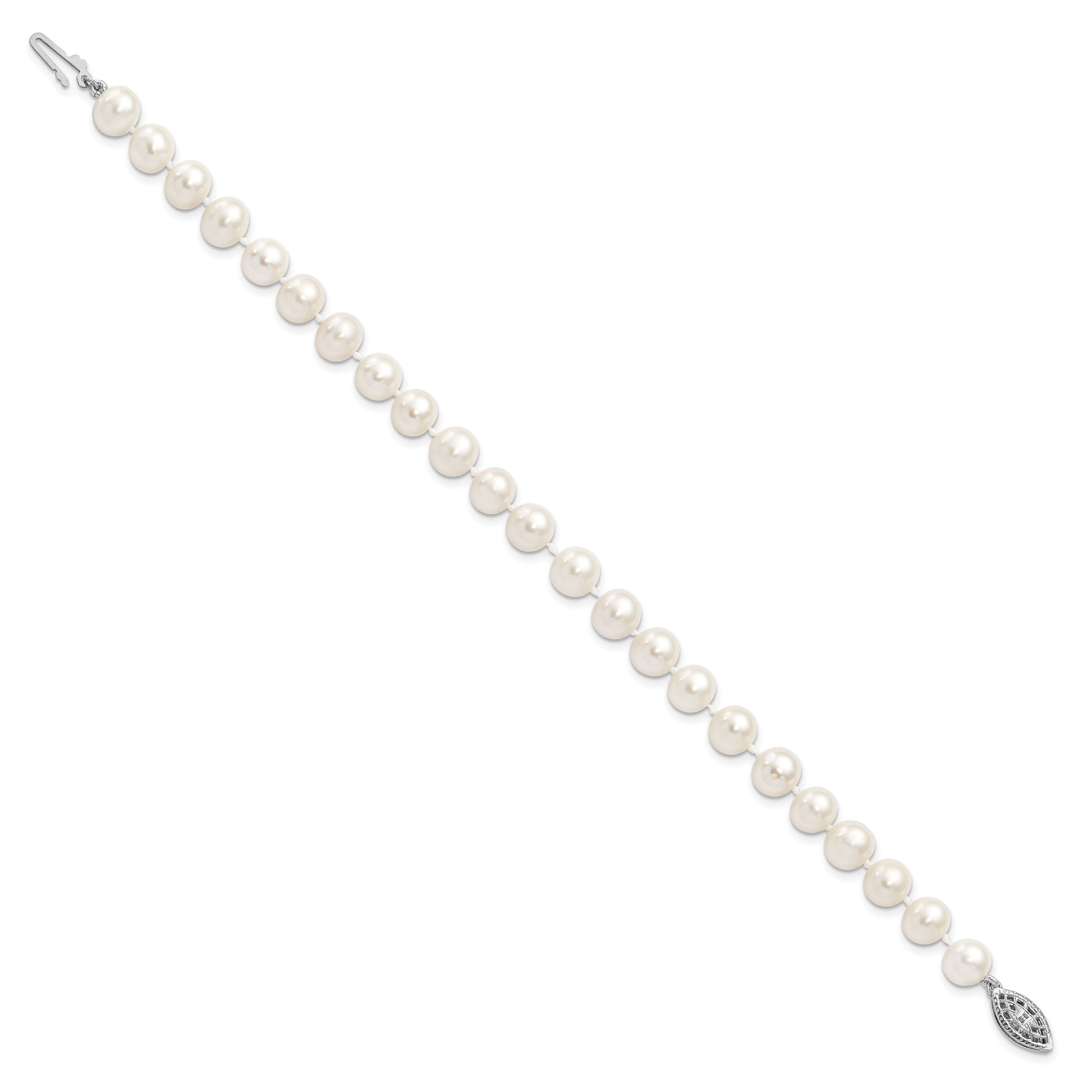 925 Sterling Silver 7mm White Round Freshwater Cultured Pearl Chain Bracelet - Picture 8 of 12