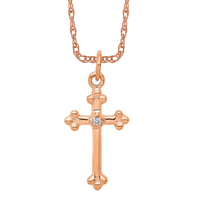 10K Solid Rose Gold Diamond Budded Cross Necklace - Picture 10 of 12