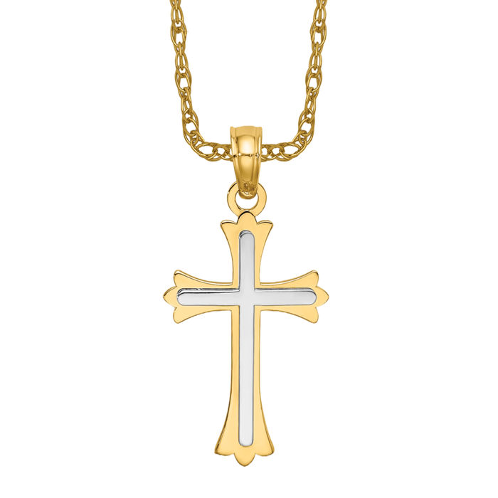 10K Solid Two Tone Gold Cross Necklace - Picture 11 of 12