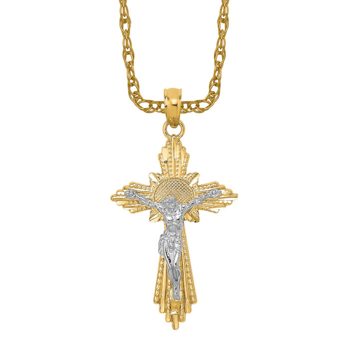 10K Solid Two Tone Gold Jesus Crucifix Cross Necklace - Picture 10 of 12