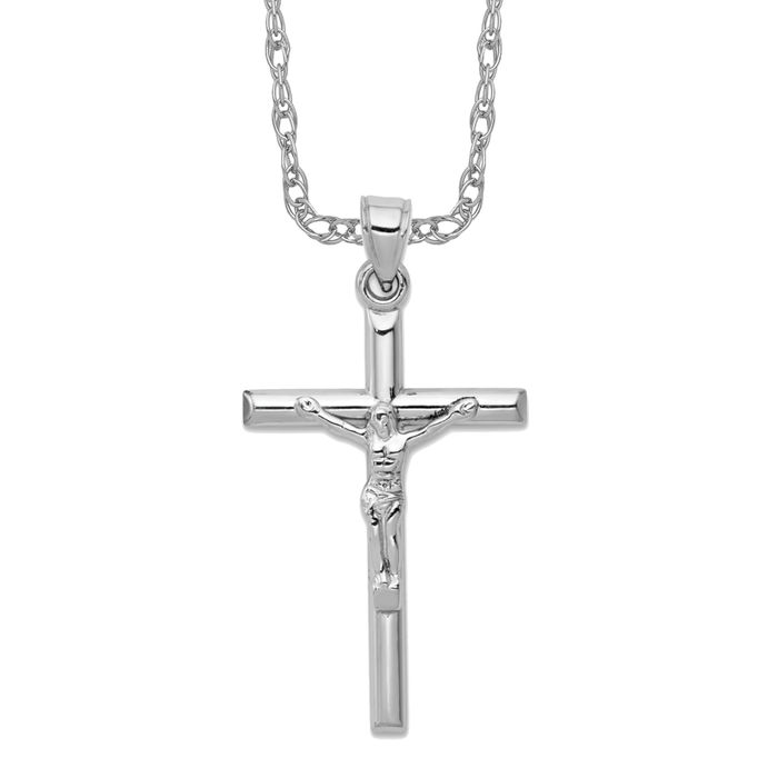 10K Solid White Gold Lord Jesus Christ Crucifix Holy Cross Necklace Religious Chain Pendant Charm