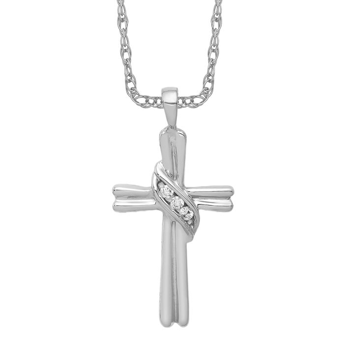 10K Solid White Gold Diamond Cross Necklace - Picture 3 of 5