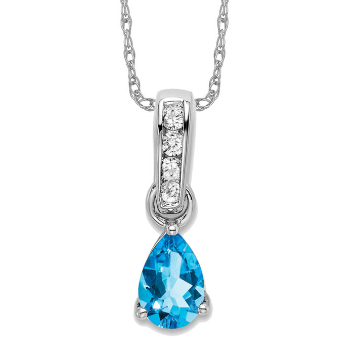 10K Solid White Gold Pear Swiss Blue Topaz Diamond Necklace - Picture 10 of 12